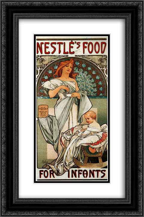 Nestle`s Food for Infants 16x24 Black Ornate Wood Framed Art Print Poster with Double Matting by Mucha, Alphonse