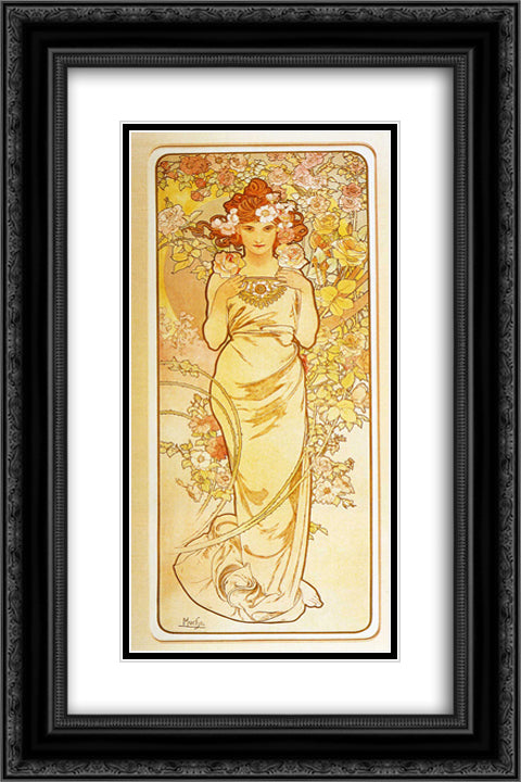 Rose 16x24 Black Ornate Wood Framed Art Print Poster with Double Matting by Mucha, Alphonse