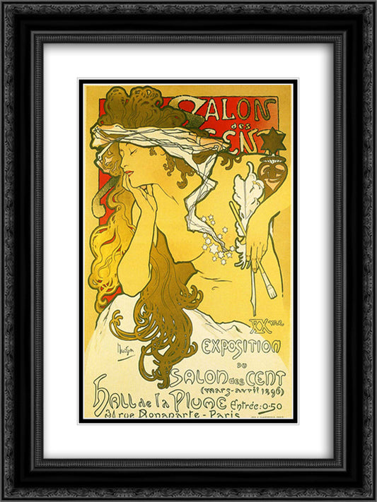 Salon of the Hundred 18x24 Black Ornate Wood Framed Art Print Poster with Double Matting by Mucha, Alphonse