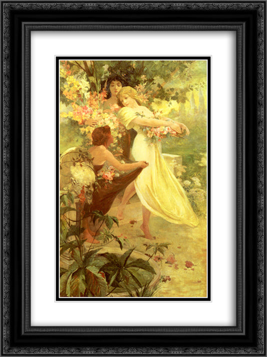 Spirit Of Spring 18x24 Black Ornate Wood Framed Art Print Poster with Double Matting by Mucha, Alphonse