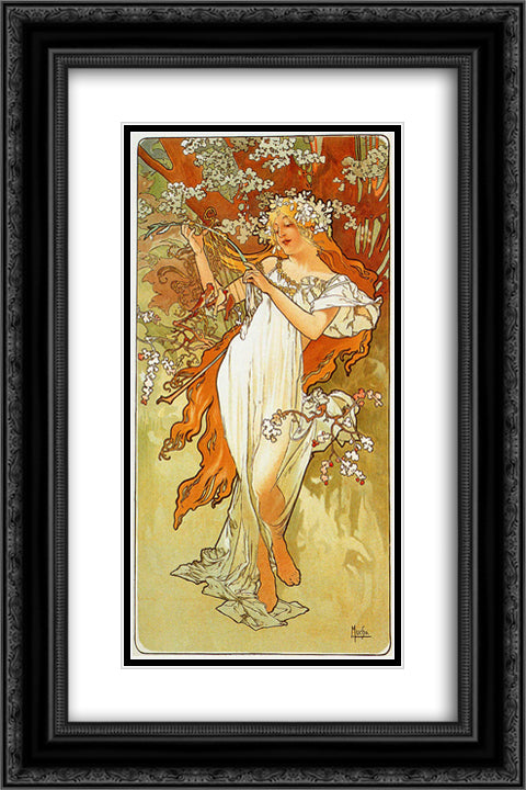 Spring 16x24 Black Ornate Wood Framed Art Print Poster with Double Matting by Mucha, Alphonse