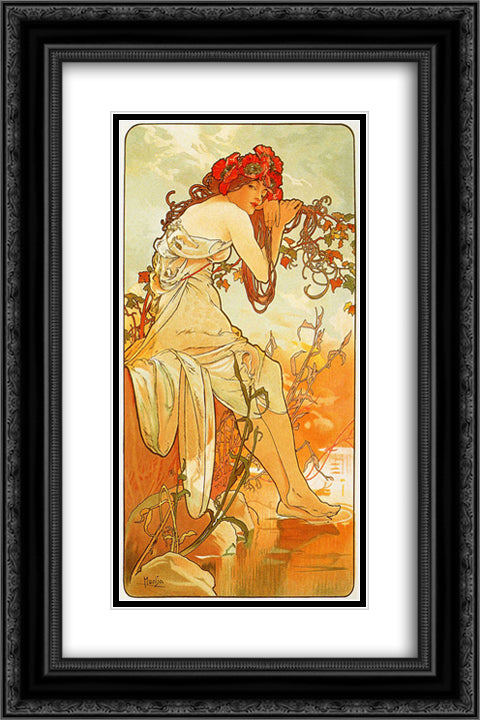 Summer 16x24 Black Ornate Wood Framed Art Print Poster with Double Matting by Mucha, Alphonse