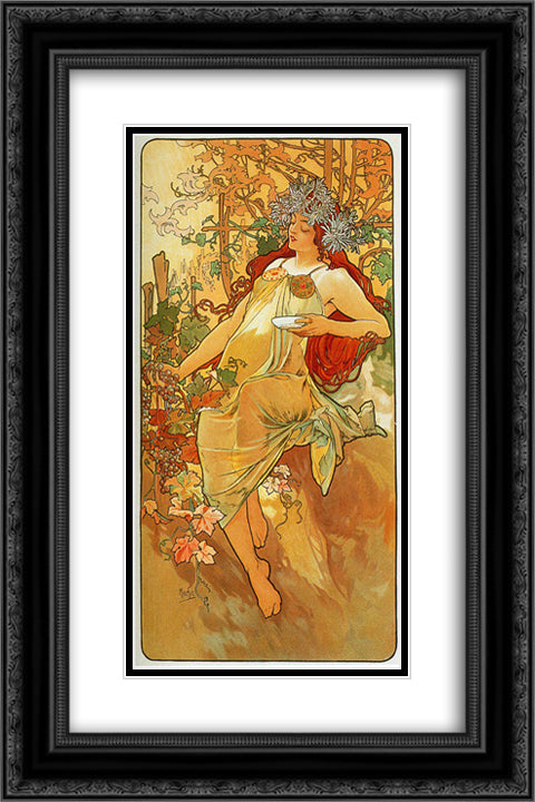 The Autumn 16x24 Black Ornate Wood Framed Art Print Poster with Double Matting by Mucha, Alphonse