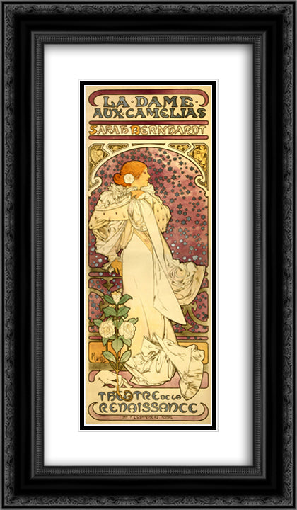 The Lady of the Camellias 14x24 Black Ornate Wood Framed Art Print Poster with Double Matting by Mucha, Alphonse