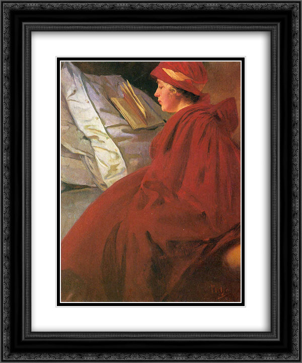 The Red Cape 20x24 Black Ornate Wood Framed Art Print Poster with Double Matting by Mucha, Alphonse