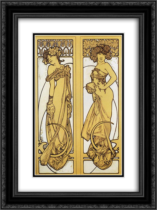 Two Standing Women 18x24 Black Ornate Wood Framed Art Print Poster with Double Matting by Mucha, Alphonse