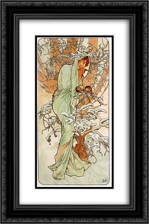 Winter 16x24 Black Ornate Wood Framed Art Print Poster with Double Matting by Mucha, Alphonse