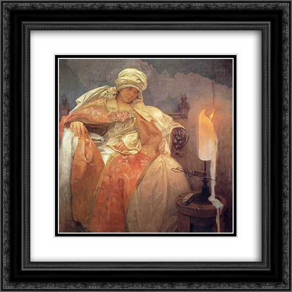 Woman with a Burning Candle 20x20 Black Ornate Wood Framed Art Print Poster with Double Matting by Mucha, Alphonse