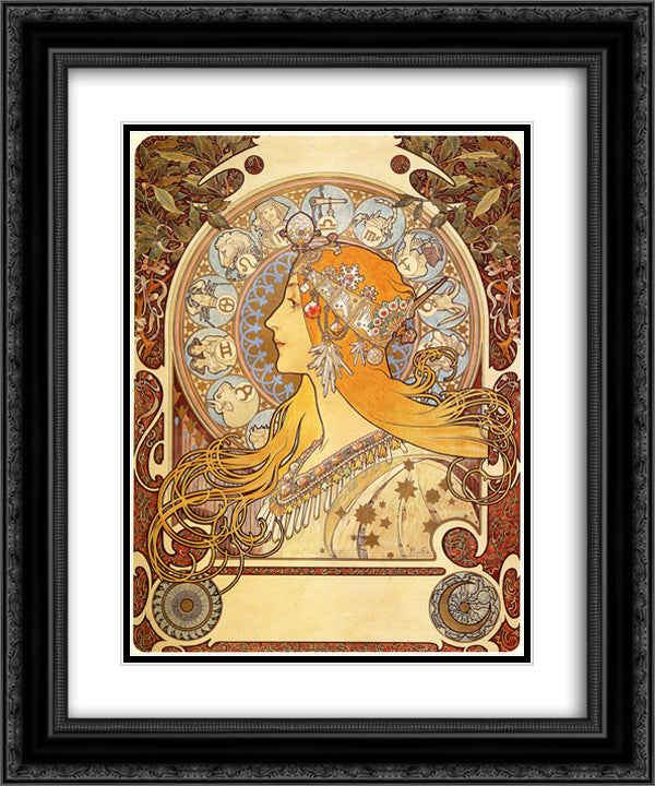 Zodiac 20x24 Black Ornate Wood Framed Art Print Poster with Double Matting by Mucha, Alphonse