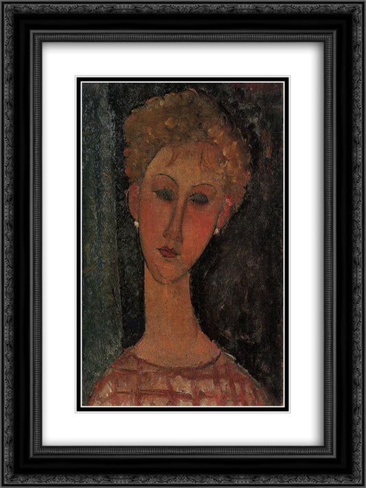 A Blond Wearing Earrings 18x24 Black Ornate Wood Framed Art Print Poster with Double Matting by Modigliani, Amedeo