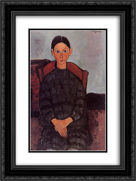 A Young Girl with a Black Overall 18x24 Black Ornate Wood Framed Art Print Poster with Double Matting by Modigliani, Amedeo