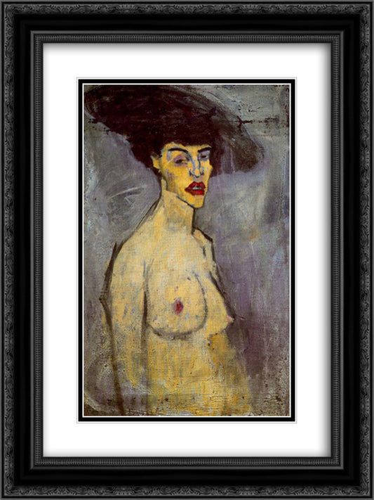 Female nude with Hat 18x24 Black Ornate Wood Framed Art Print Poster with Double Matting by Modigliani, Amedeo