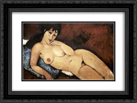 Nude on a Blue Cushion 24x18 Black Ornate Wood Framed Art Print Poster with Double Matting by Modigliani, Amedeo