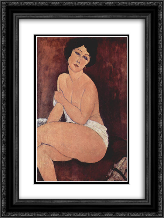 Nude seating on a sofa 18x24 Black Ornate Wood Framed Art Print Poster with Double Matting by Modigliani, Amedeo