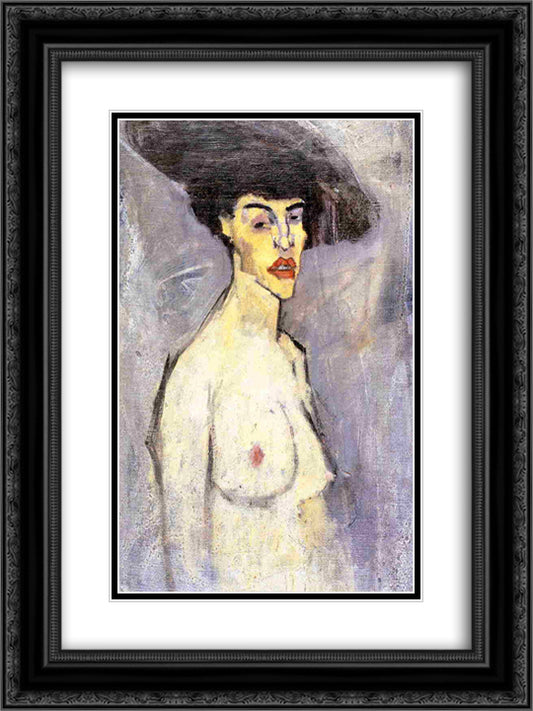 Nude with Hat 18x24 Black Ornate Wood Framed Art Print Poster with Double Matting by Modigliani, Amedeo