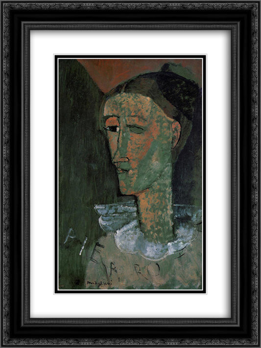 Pierrot (Self Portrait as Pierrot) 18x24 Black Ornate Wood Framed Art Print Poster with Double Matting by Modigliani, Amedeo