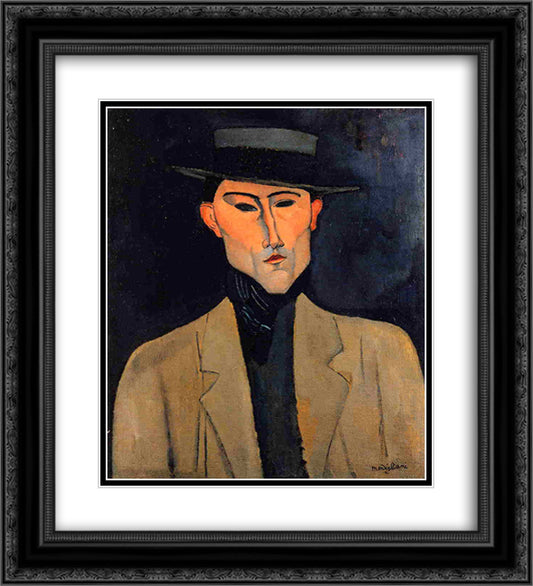 Portrait of a Man with Hat (Jose Pacheco ) 20x22 Black Ornate Wood Framed Art Print Poster with Double Matting by Modigliani, Amedeo