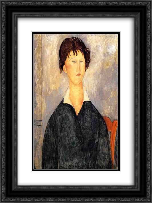 Portrait of a Woman with a White Collar 18x24 Black Ornate Wood Framed Art Print Poster with Double Matting by Modigliani, Amedeo