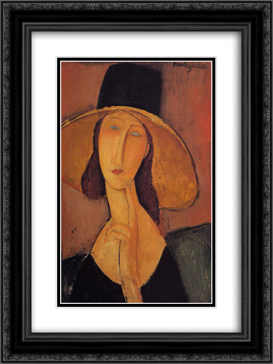 Portrait of Jeanne Hebuterne in a large hat 18x24 Black Ornate Wood Framed Art Print Poster with Double Matting by Modigliani, Amedeo