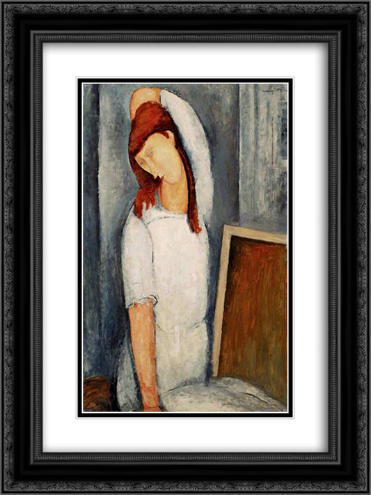 Portrait of Jeanne Hebuterne with her Left Arm Behind her Head 18x24 Black Ornate Wood Framed Art Print Poster with Double Matting by Modigliani, Amedeo