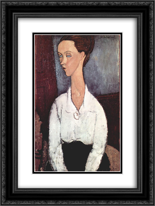 Portrait of Lunia Czechowska in white blouse 18x24 Black Ornate Wood Framed Art Print Poster with Double Matting by Modigliani, Amedeo