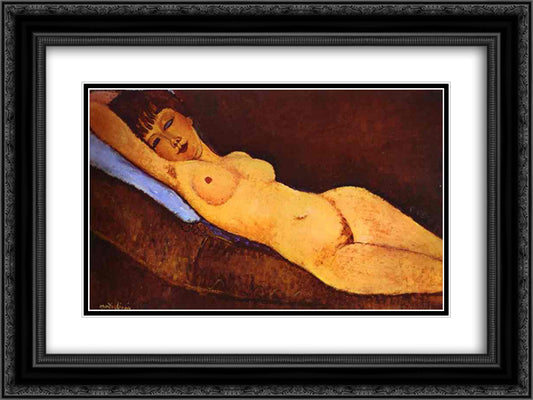 Reclining nude with Blue Cushion 24x18 Black Ornate Wood Framed Art Print Poster with Double Matting by Modigliani, Amedeo