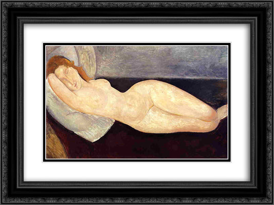 Reclining nude with head resting on right arm 24x18 Black Ornate Wood Framed Art Print Poster with Double Matting by Modigliani, Amedeo