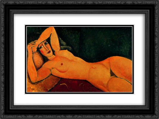 Reclining nude with Left Arm Resting on Forehead 24x18 Black Ornate Wood Framed Art Print Poster with Double Matting by Modigliani, Amedeo