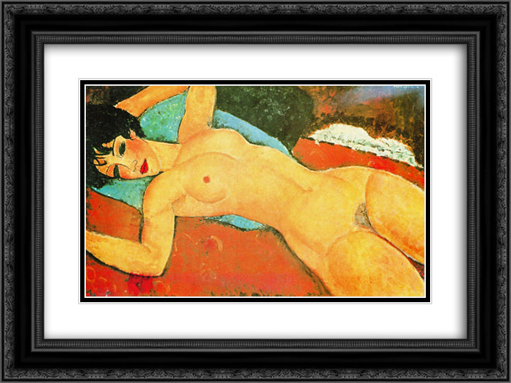 Sleeping Nude with Arms Open (Red Nude) 24x18 Black Ornate Wood Framed Art Print Poster with Double Matting by Modigliani, Amedeo