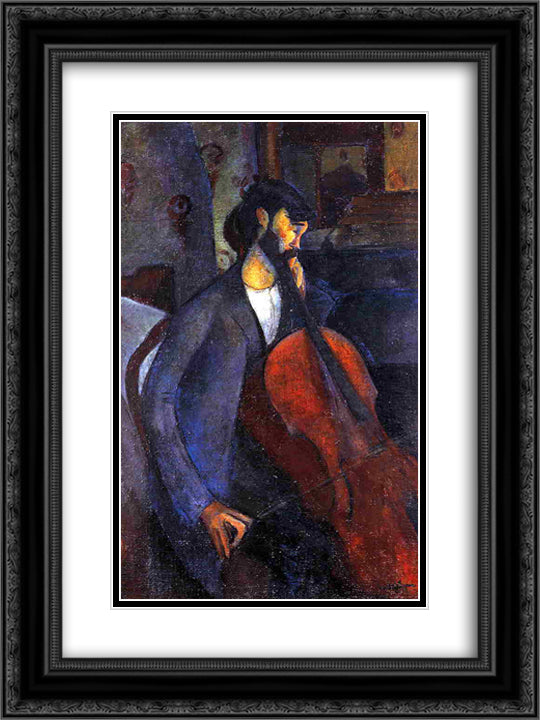 The Cellist 18x24 Black Ornate Wood Framed Art Print Poster with Double Matting by Modigliani, Amedeo