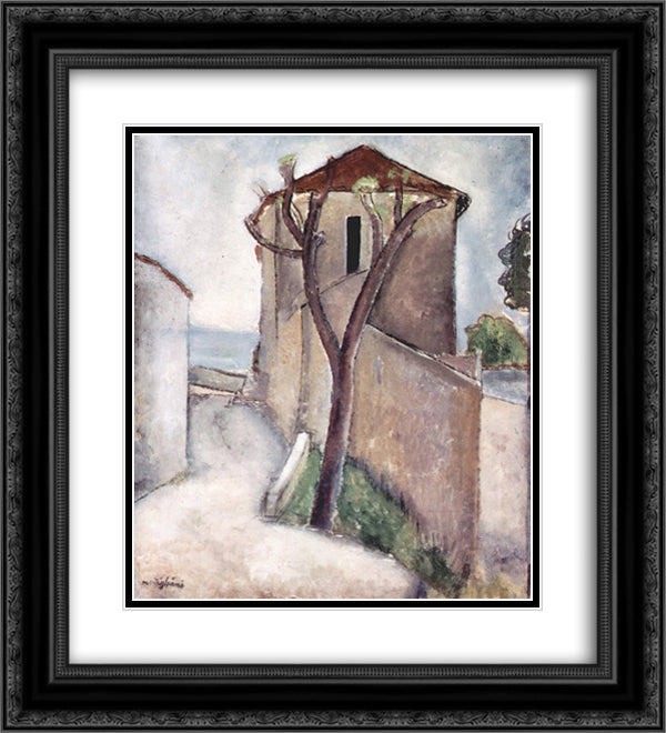 Tree and house 20x22 Black Ornate Wood Framed Art Print Poster with Double Matting by Modigliani, Amedeo