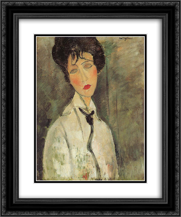 Woman with a Black Tie 20x24 Black Ornate Wood Framed Art Print Poster with Double Matting by Modigliani, Amedeo