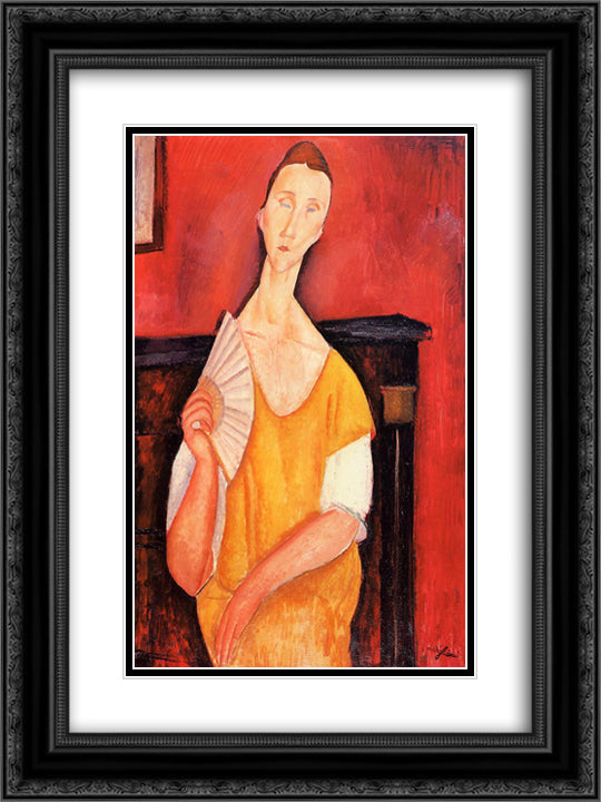 Woman with a Fan (Lunia Czechowska) 18x24 Black Ornate Wood Framed Art Print Poster with Double Matting by Modigliani, Amedeo