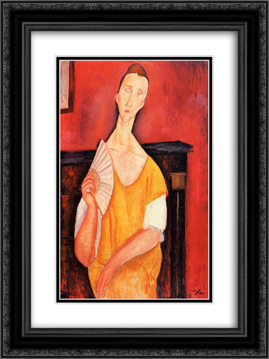 Woman with a Fan (Lunia Czechowska) 18x24 Black Ornate Wood Framed Art Print Poster with Double Matting by Modigliani, Amedeo