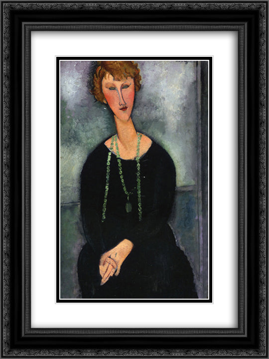 Woman with a Green Necklace (Madame Menier) 18x24 Black Ornate Wood Framed Art Print Poster with Double Matting by Modigliani, Amedeo