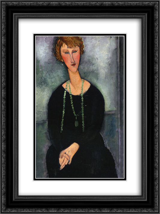 Woman with a Green Necklace (Madame Menier) 18x24 Black Ornate Wood Framed Art Print Poster with Double Matting by Modigliani, Amedeo