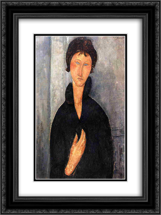 Woman with Blue Eyes 18x24 Black Ornate Wood Framed Art Print Poster with Double Matting by Modigliani, Amedeo