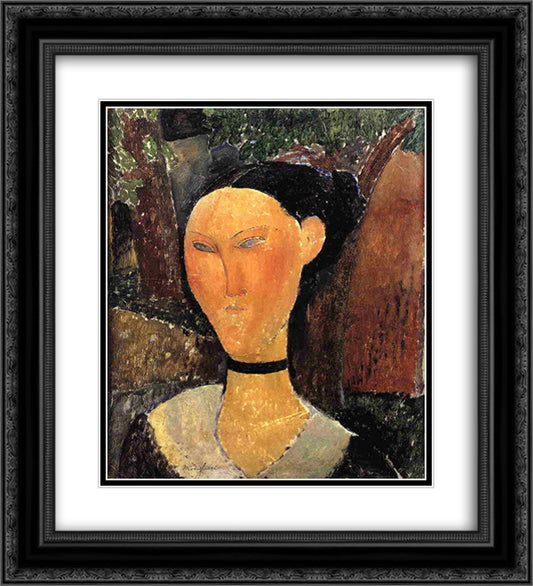 Woman with Velvet Ribbon (The Black Border) 20x22 Black Ornate Wood Framed Art Print Poster with Double Matting by Modigliani, Amedeo