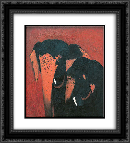 Two Elephants 20x22 Black Ornate Wood Framed Art Print Poster with Double Matting by Sher Gil, Amrita