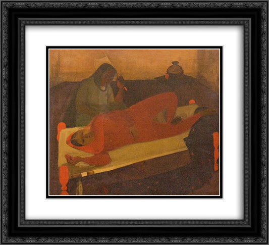 Woman on Charpai 22x20 Black Ornate Wood Framed Art Print Poster with Double Matting by Sher Gil, Amrita