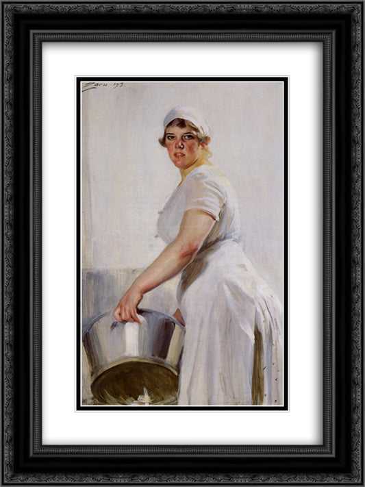 A Kitchen Maid 18x24 Black Ornate Wood Framed Art Print Poster with Double Matting by Zorn, Anders