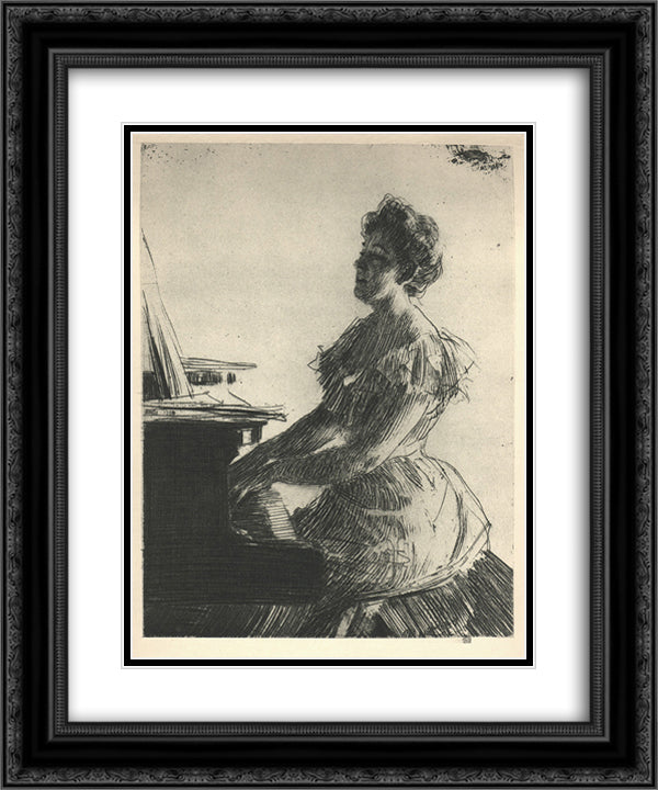 At the Piano 20x24 Black Ornate Wood Framed Art Print Poster with Double Matting by Zorn, Anders