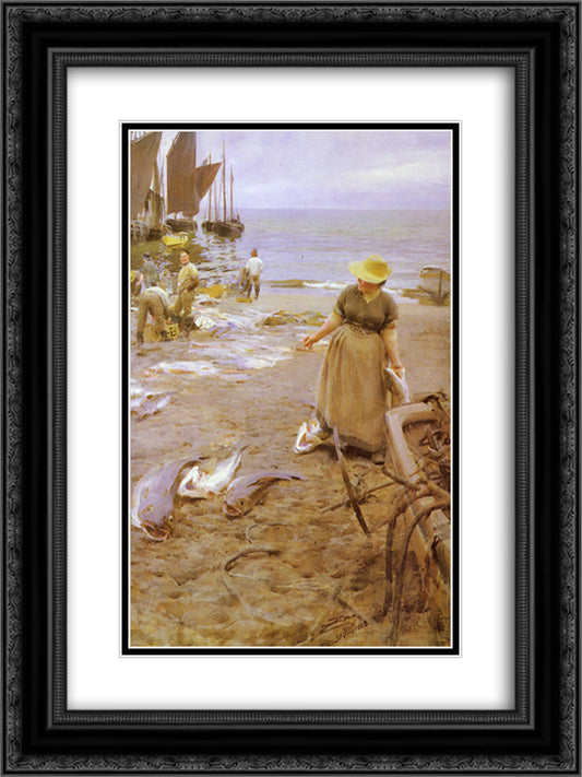 Fish market in St Ives 18x24 Black Ornate Wood Framed Art Print Poster with Double Matting by Zorn, Anders