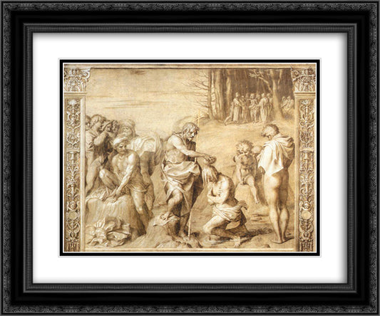 Baptism of the People 24x20 Black Ornate Wood Framed Art Print Poster with Double Matting by Sarto, Andrea del