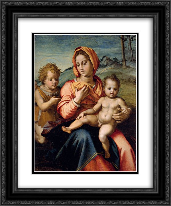 Madonna and Child with the Infant Saint John in a Landscape 20x24 Black Ornate Wood Framed Art Print Poster with Double Matting by Sarto, Andrea del