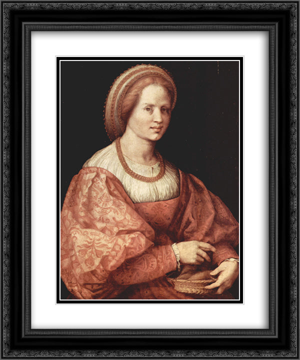 Portrait of a Lady with Spindle Cup 20x24 Black Ornate Wood Framed Art Print Poster with Double Matting by Sarto, Andrea del