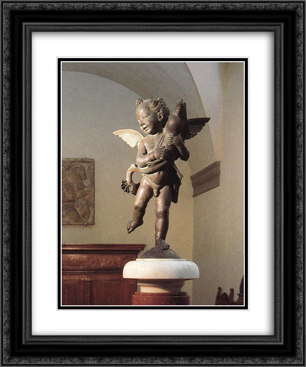 Putto with Dolphin 20x24 Black Ornate Wood Framed Art Print Poster with Double Matting by Verrocchio, Andrea del