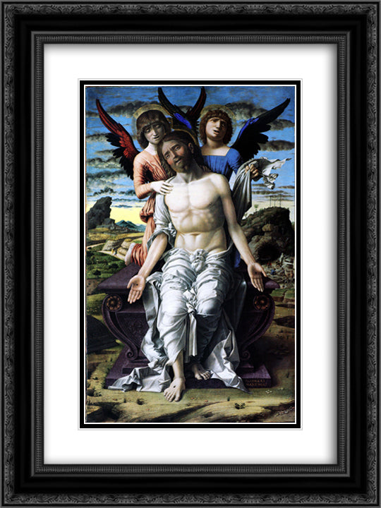 Christ of Pity supported by a cherub and a seraph 18x24 Black Ornate Wood Framed Art Print Poster with Double Matting by Mantegna, Andrea