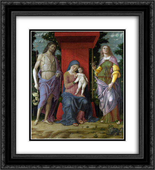 Madonna with St. Mary Magdalene and St. John the Baptist 20x22 Black Ornate Wood Framed Art Print Poster with Double Matting by Mantegna, Andrea