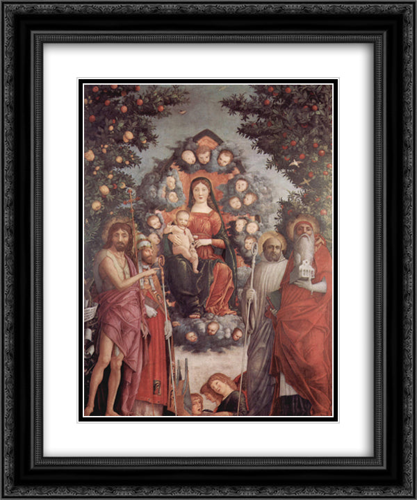 Madonna with saints St. John theBaptist, St. Gregory I the Great, St. Benedict 20x24 Black Ornate Wood Framed Art Print Poster with Double Matting by Mantegna, Andrea